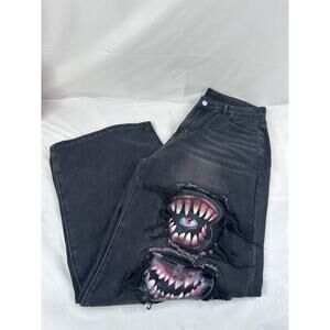 Romwe Skater Grunge Punk Gothic Y2K 90’s Monster Bite Loose-Fit Jeans Large 8-10